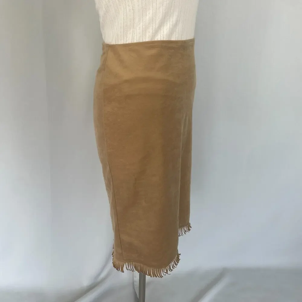 Vintage Pencil Skirt Large Tan Brown Faux Suede Fringe Boho Stretch Rodeo Y2K